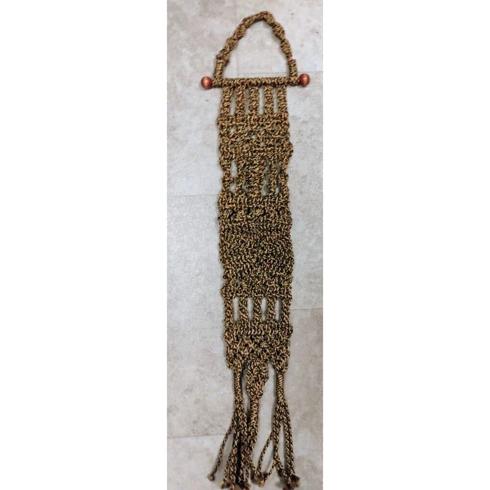 Vintage 1970s Macrame Thermometer Wall Hanging Boho Chic Fringe Tassel 26